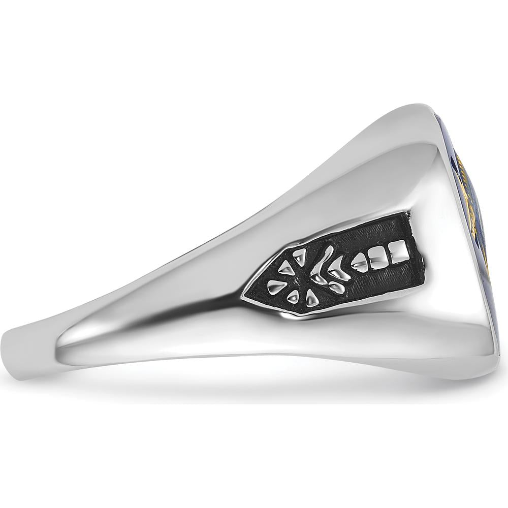 14K White Gold Men's Masonic Ring with Black Enamel and Cushion-Cut Imitation Blue Spinel - Grooved Band by IBGoodman
