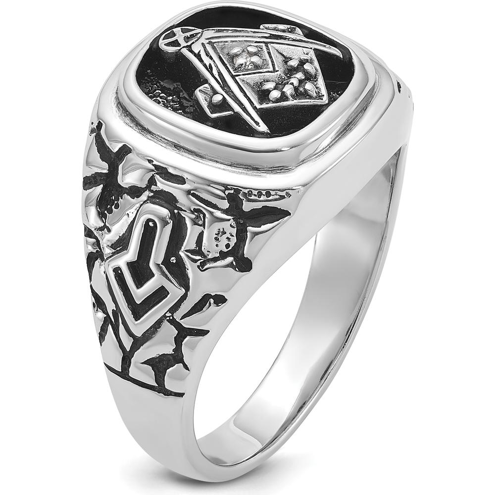 14K White Gold Men's Masonic Ring with Black Enamel and Round AA Quality Diamonds - 0.013 Carat Total Diamond Weight by IBGoodman