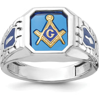 14K White Gold Men's Masonic Ring with Blue Enamel and Lab Created Sapphire - 12x10mm Octagonal Cut by IBGoodman