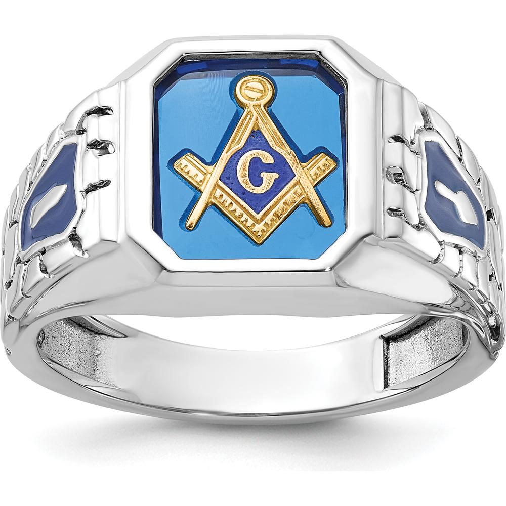 14K White Gold Men's Masonic Ring with Blue Enamel and Lab Created Sapphire - 12x10mm Octagonal Cut by IBGoodman