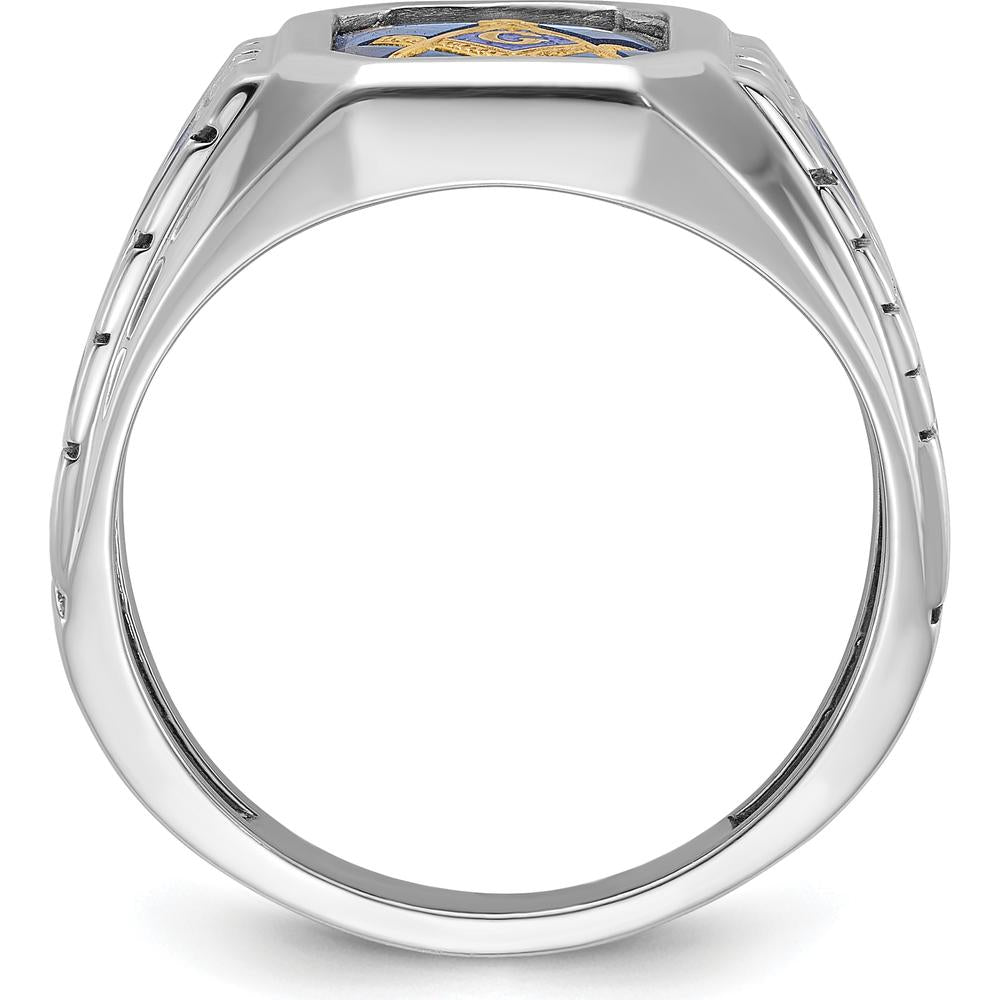 14K White Gold Men's Masonic Ring with Blue Enamel and Lab Created Sapphire - 12x10mm Octagonal Cut by IBGoodman