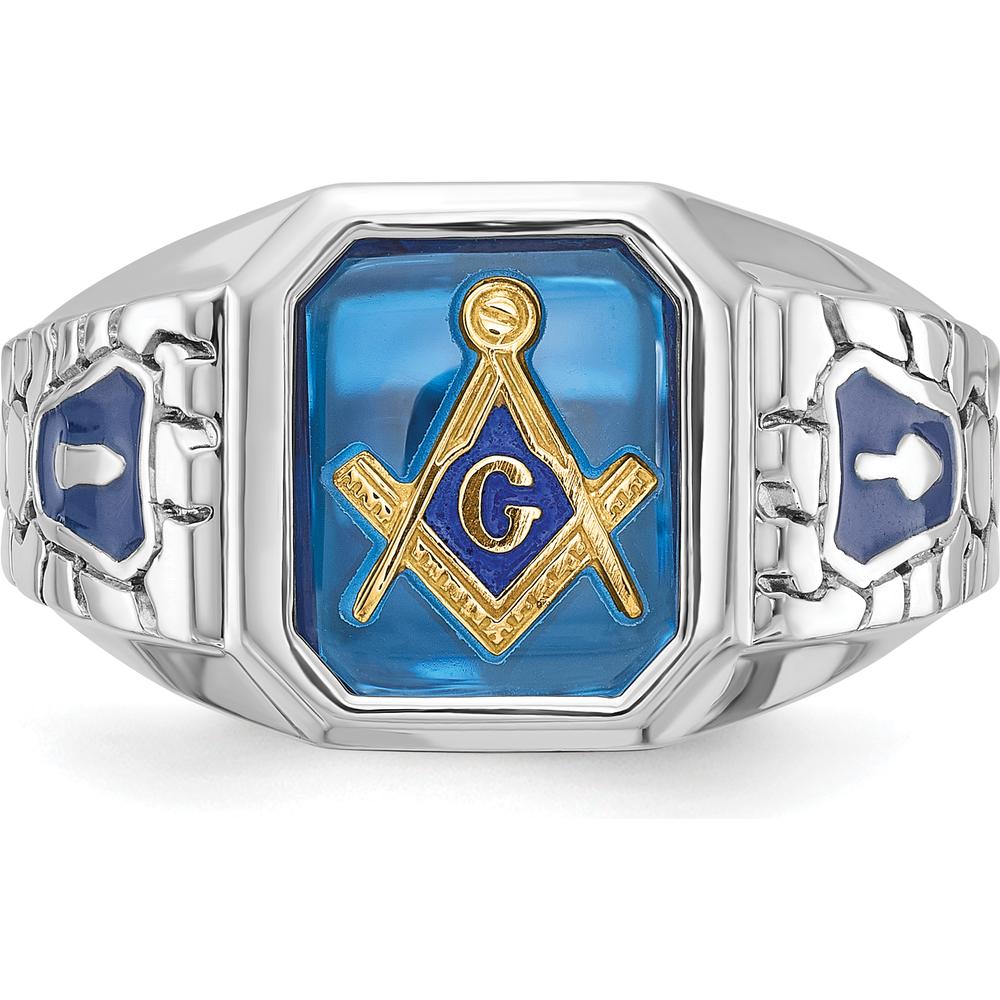 14K White Gold Men's Masonic Ring with Blue Enamel and Lab Created Sapphire - 12x10mm Octagonal Cut by IBGoodman
