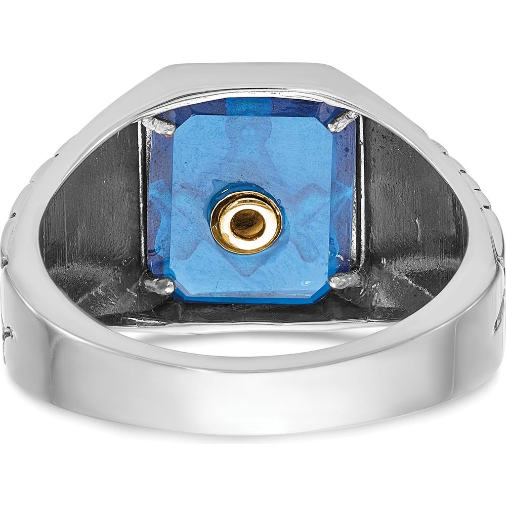 14K White Gold Men's Masonic Ring with Blue Enamel and Lab Created Sapphire - 12x10mm Octagonal Cut by IBGoodman