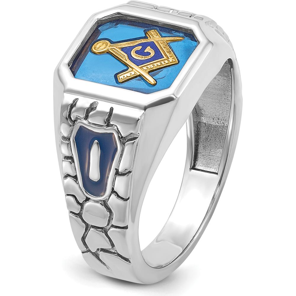 14K White Gold Men's Masonic Ring with Blue Enamel and Lab Created Sapphire - 12x10mm Octagonal Cut by IBGoodman