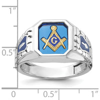 14K White Gold Men's Masonic Ring with Blue Enamel and Lab Created Sapphire - 12x10mm Octagonal Cut by IBGoodman