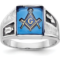 14K White Gold Men's Masonic Ring with Cushion-Cut Blue Imitation Spinel and Black Enamel Detailing by Monteluci Fine Jewelry