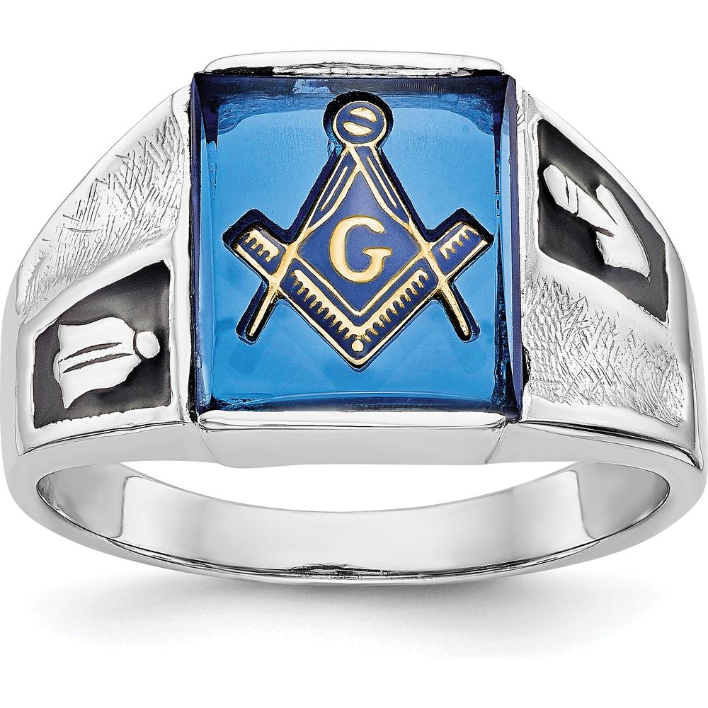14K White Gold Men's Masonic Ring with Cushion-Cut Blue Imitation Spinel and Black Enamel Detailing by Monteluci Fine Jewelry