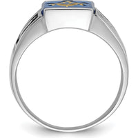 14K White Gold Men's Masonic Ring with Cushion-Cut Blue Imitation Spinel and Black Enamel Detailing by Monteluci Fine Jewelry