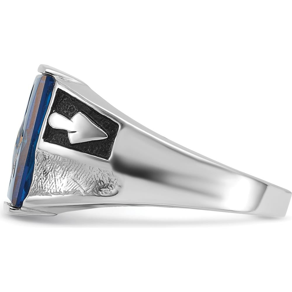 14K White Gold Men's Masonic Ring with Cushion-Cut Blue Imitation Spinel and Black Enamel Detailing by Monteluci Fine Jewelry