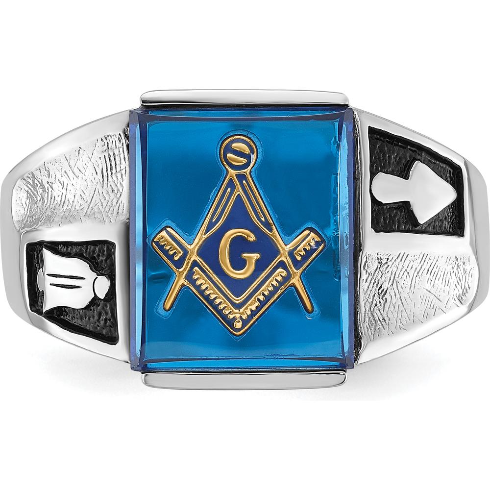 14K White Gold Men's Masonic Ring with Cushion-Cut Blue Imitation Spinel and Black Enamel Detailing by Monteluci Fine Jewelry