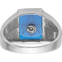 14K White Gold Men's Masonic Ring with Cushion-Cut Blue Imitation Spinel and Black Enamel Detailing by Monteluci Fine Jewelry