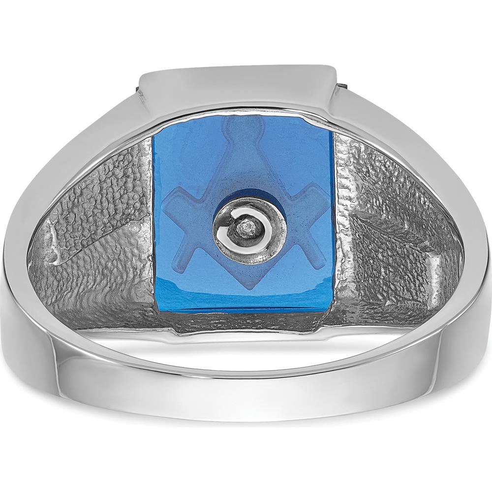 14K White Gold Men's Masonic Ring with Cushion-Cut Blue Imitation Spinel and Black Enamel Detailing by Monteluci Fine Jewelry