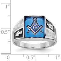 14K White Gold Men's Masonic Ring with Cushion-Cut Blue Imitation Spinel and Black Enamel Detailing by Monteluci Fine Jewelry