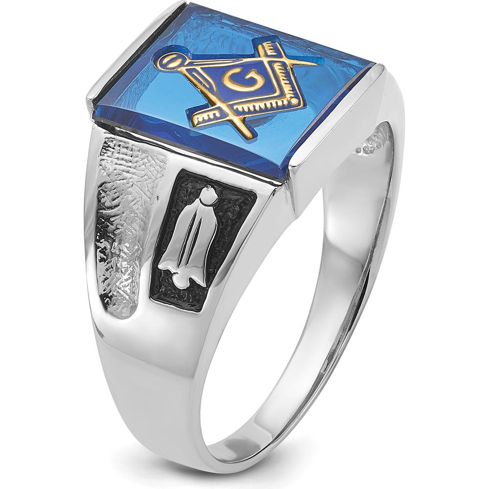 14K White Gold Men's Masonic Ring with Cushion-Cut Blue Imitation Spinel and Black Enamel Detailing by Monteluci Fine Jewelry