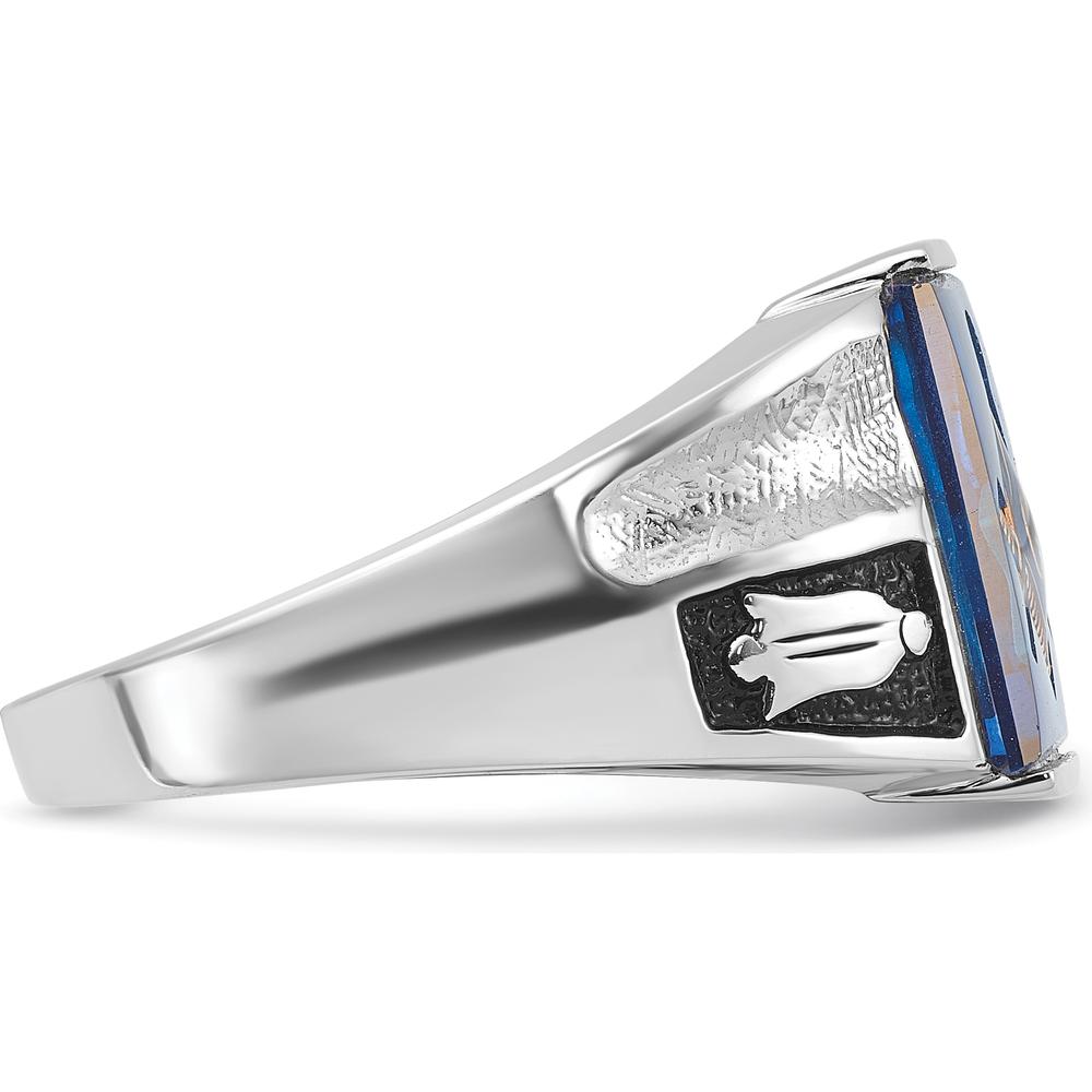 14K White Gold Men's Masonic Ring with Cushion-Cut Blue Imitation Spinel and Black Enamel Detailing by Monteluci Fine Jewelry