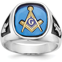 14K White Gold Men's Masonic Ring with Imitation Blue Spinel and Black Enamel - Cushion Cut Spinel by IBGoodman
