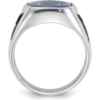 14K White Gold Men's Masonic Ring with Imitation Blue Spinel and Black Enamel - Cushion Cut Spinel by IBGoodman