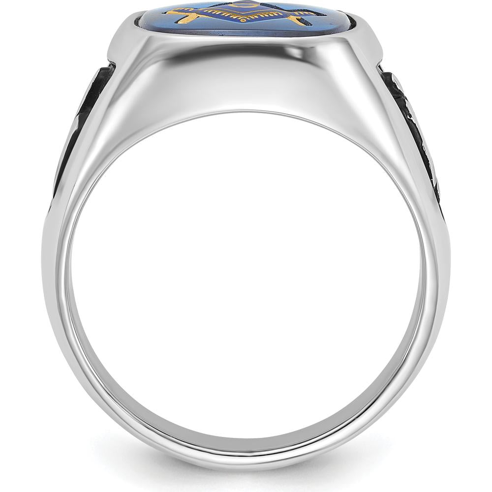 14K White Gold Men's Masonic Ring with Imitation Blue Spinel and Black Enamel - Cushion Cut Spinel by IBGoodman