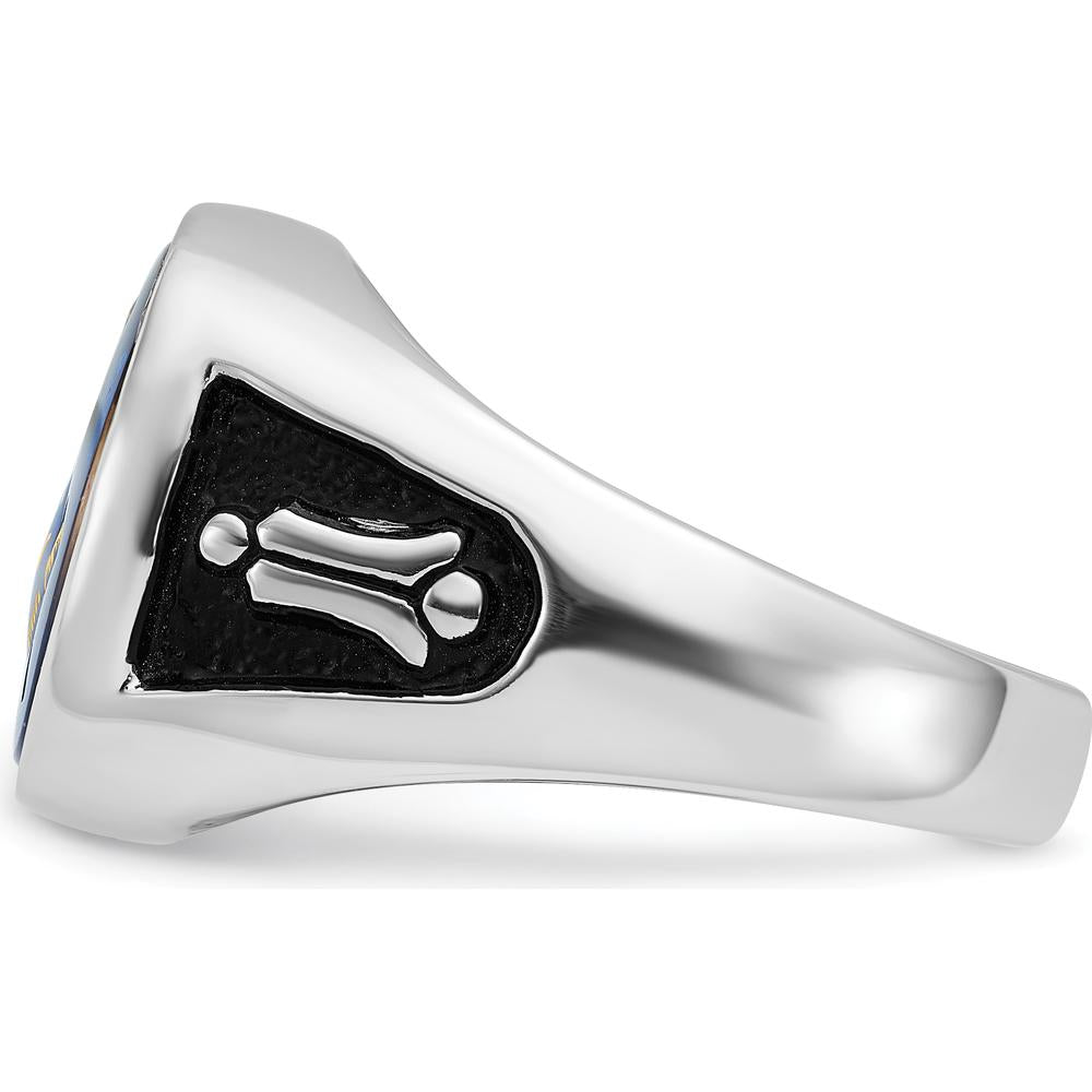 14K White Gold Men's Masonic Ring with Imitation Blue Spinel and Black Enamel - Cushion Cut Spinel by IBGoodman