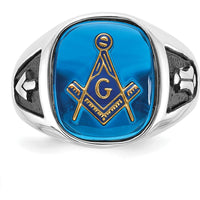 14K White Gold Men's Masonic Ring with Imitation Blue Spinel and Black Enamel - Cushion Cut Spinel by IBGoodman