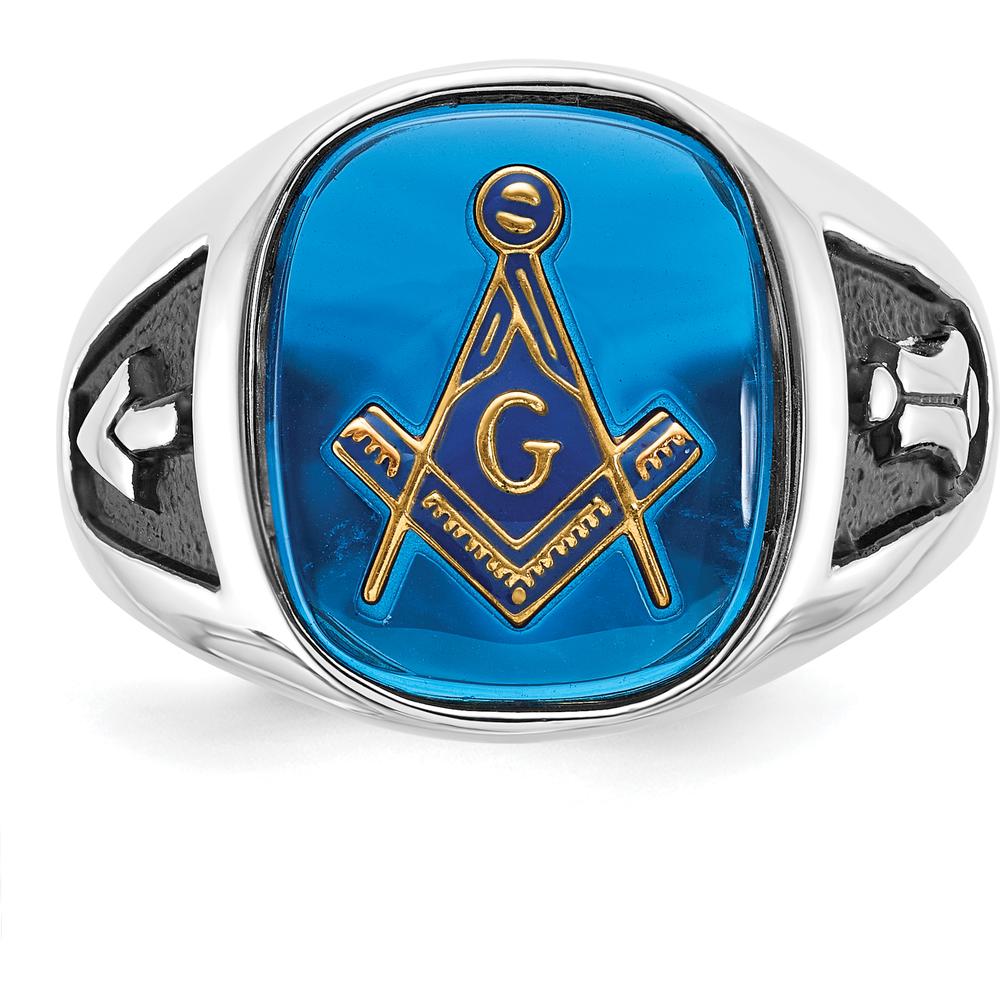 14K White Gold Men's Masonic Ring with Imitation Blue Spinel and Black Enamel - Cushion Cut Spinel by IBGoodman