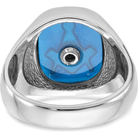 14K White Gold Men's Masonic Ring with Imitation Blue Spinel and Black Enamel - Cushion Cut Spinel by IBGoodman