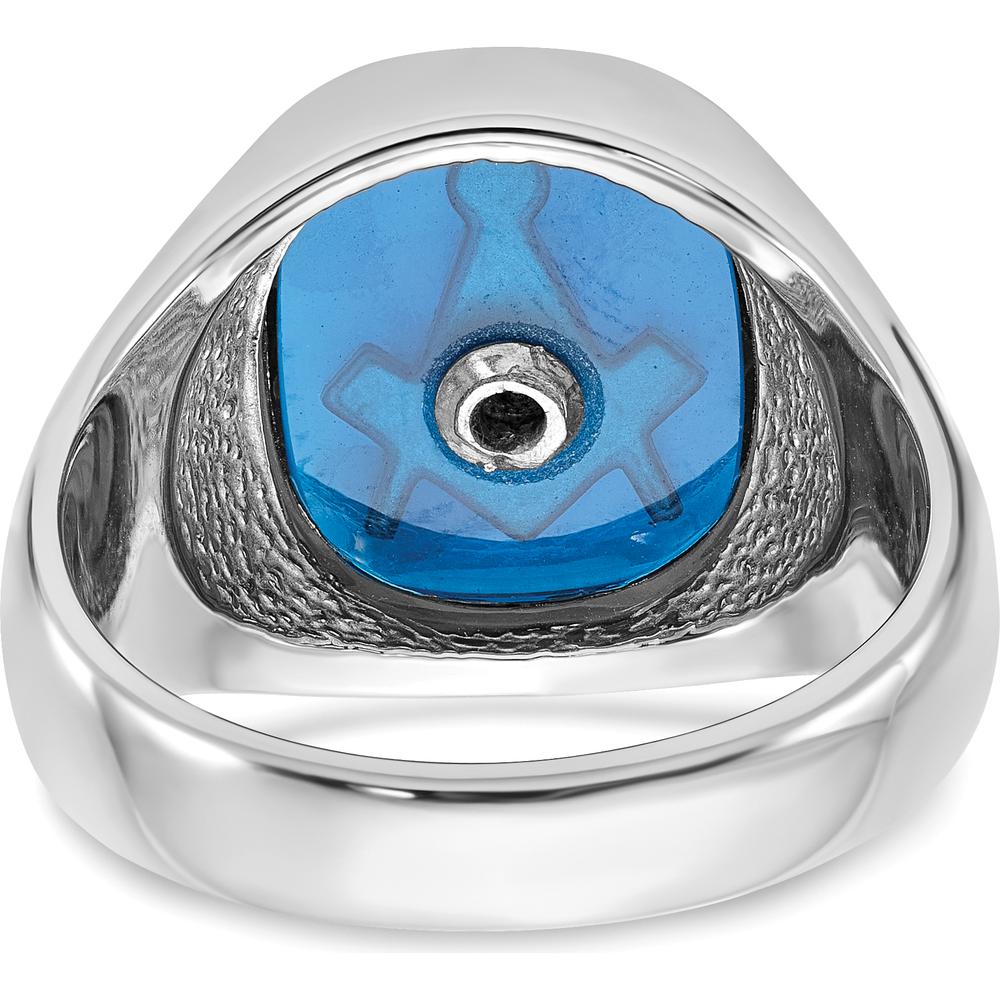 14K White Gold Men's Masonic Ring with Imitation Blue Spinel and Black Enamel - Cushion Cut Spinel by IBGoodman