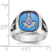 14K White Gold Men's Masonic Ring with Imitation Blue Spinel and Black Enamel - Cushion Cut Spinel by IBGoodman