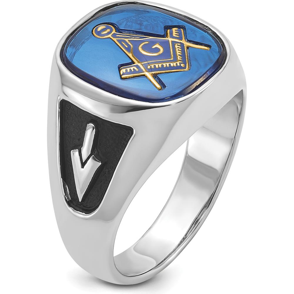 14K White Gold Men's Masonic Ring with Imitation Blue Spinel and Black Enamel - Cushion Cut Spinel by IBGoodman