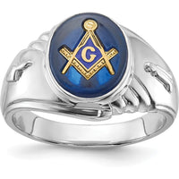 14K White Gold Men's Masonic Ring with Oval Blue Imitation Spinel and Gold Compass Motif by Monteluci Fine Jewelry