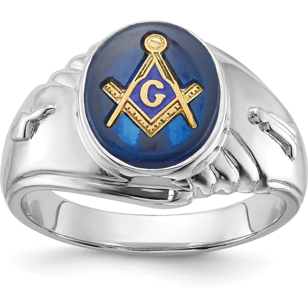14K White Gold Men's Masonic Ring with Oval Blue Imitation Spinel and Gold Compass Motif by Monteluci Fine Jewelry