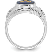 14K White Gold Men's Masonic Ring with Oval Blue Imitation Spinel and Gold Compass Motif by Monteluci Fine Jewelry