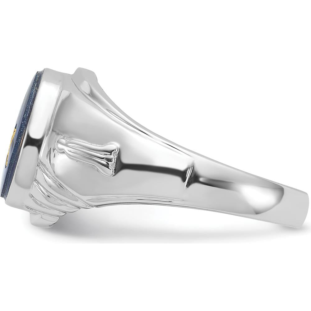 14K White Gold Men's Masonic Ring with Oval Blue Imitation Spinel and Gold Compass Motif by Monteluci Fine Jewelry