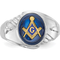 14K White Gold Men's Masonic Ring with Oval Blue Imitation Spinel and Gold Compass Motif by Monteluci Fine Jewelry