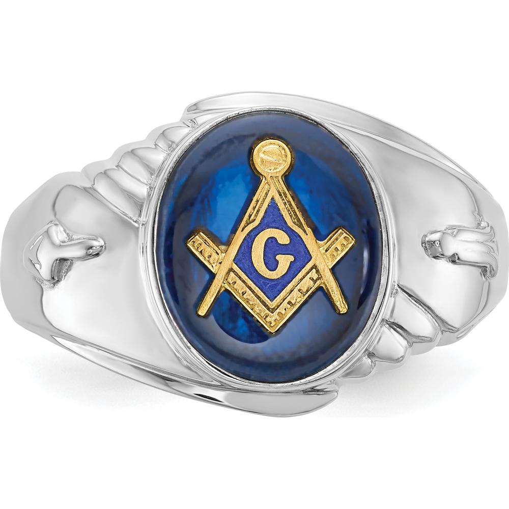 14K White Gold Men's Masonic Ring with Oval Blue Imitation Spinel and Gold Compass Motif by Monteluci Fine Jewelry