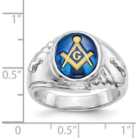 14K White Gold Men's Masonic Ring with Oval Blue Imitation Spinel and Gold Compass Motif by Monteluci Fine Jewelry