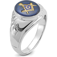 14K White Gold Men's Masonic Ring with Oval Blue Imitation Spinel and Gold Compass Motif by Monteluci Fine Jewelry