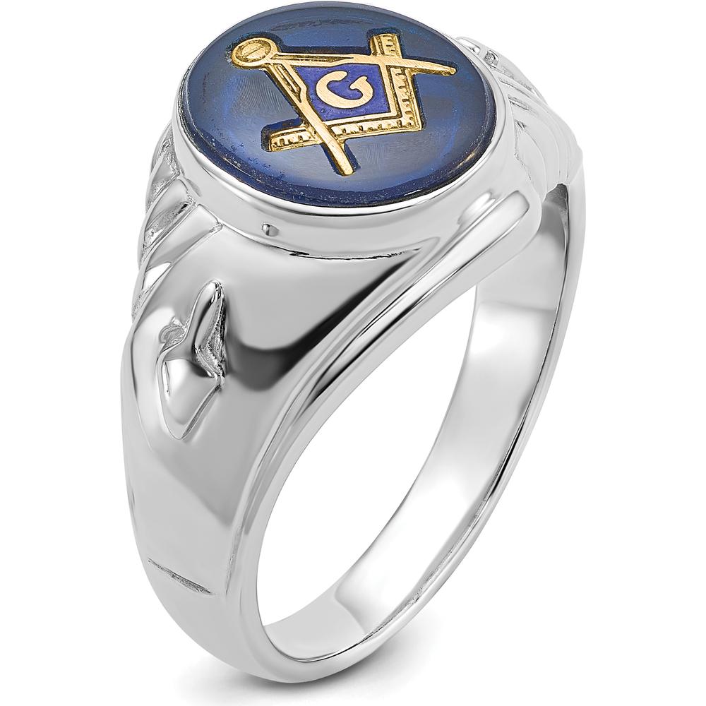 14K White Gold Men's Masonic Ring with Oval Blue Imitation Spinel and Gold Compass Motif by Monteluci Fine Jewelry