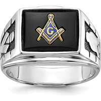 14K White Gold Men's Masonic Ring with Polished and Textured Black Enamel and Onyx - Cushion Cut, 12x10mm by IBGoodman