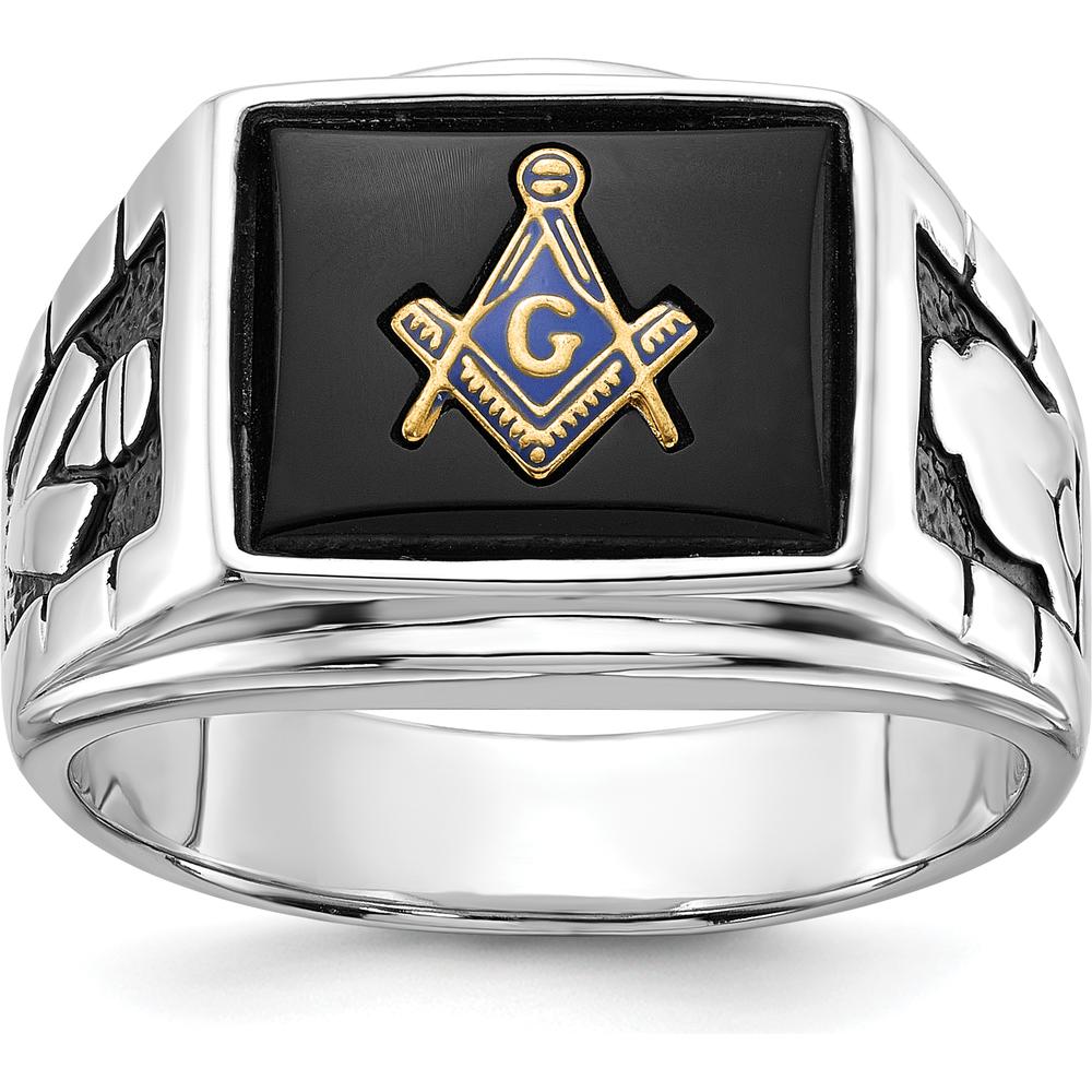 14K White Gold Men's Masonic Ring with Polished and Textured Black Enamel and Onyx - Cushion Cut, 12x10mm by IBGoodman