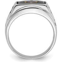 14K White Gold Men's Masonic Ring with Polished and Textured Black Enamel and Onyx - Cushion Cut, 12x10mm by IBGoodman