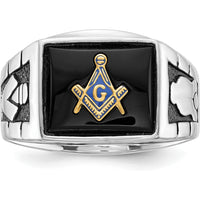 14K White Gold Men's Masonic Ring with Polished and Textured Black Enamel and Onyx - Cushion Cut, 12x10mm by IBGoodman