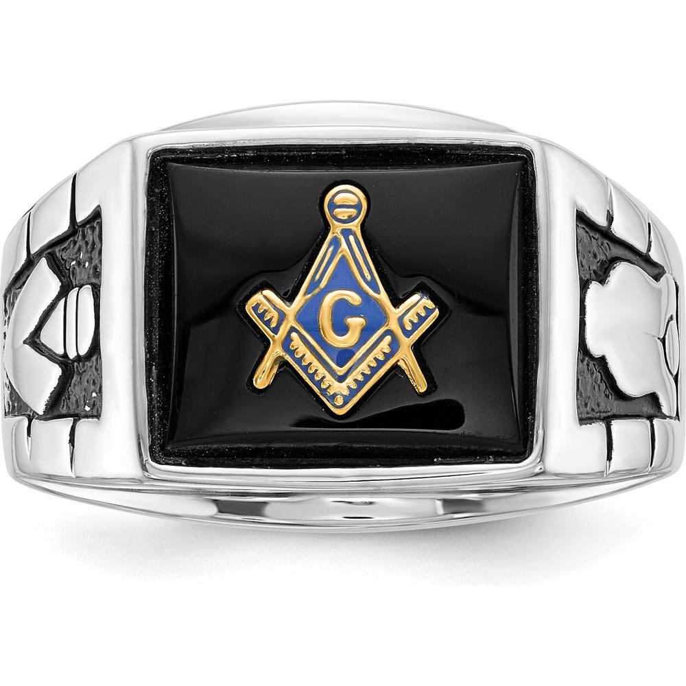 14K White Gold Men's Masonic Ring with Polished and Textured Black Enamel and Onyx - Cushion Cut, 12x10mm by IBGoodman