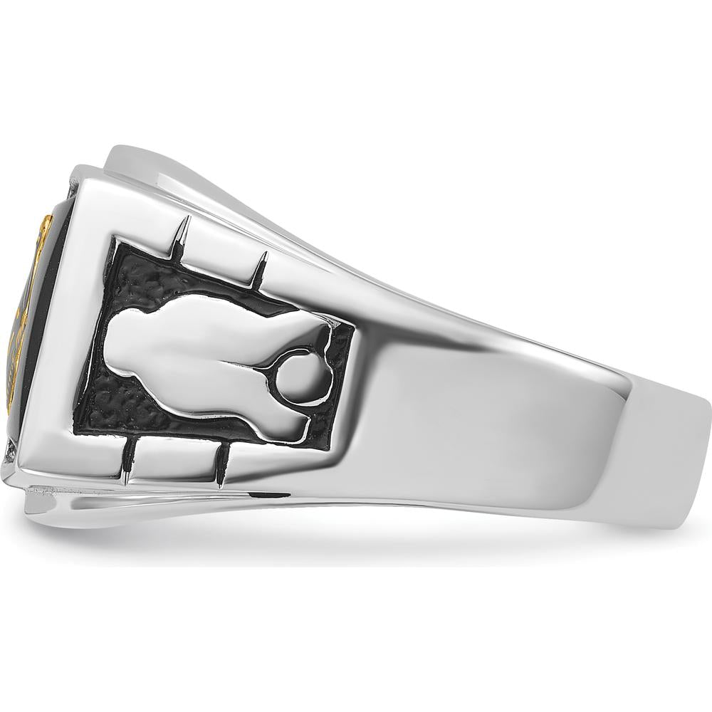14K White Gold Men's Masonic Ring with Polished and Textured Black Enamel and Onyx - Cushion Cut, 12x10mm by IBGoodman