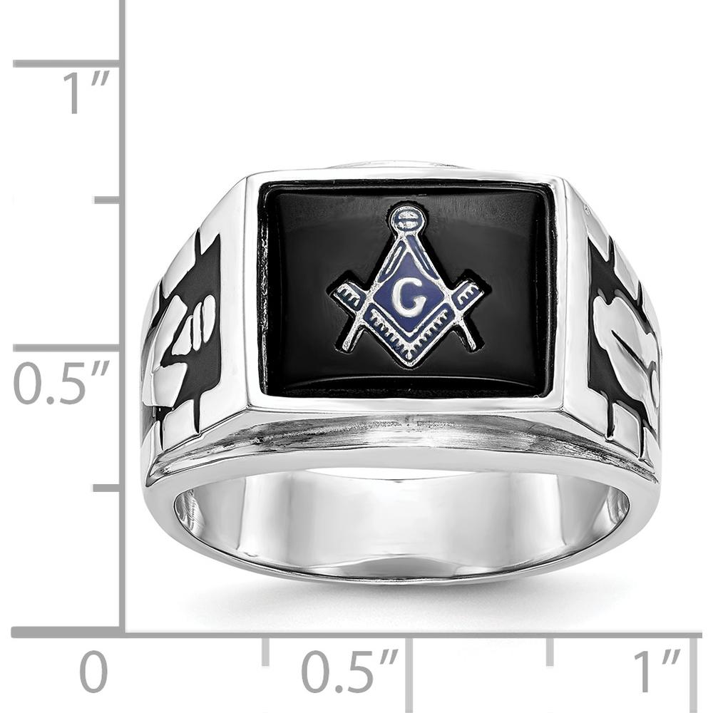 14K White Gold Men's Masonic Ring with Polished and Textured Black Enamel and Onyx - Cushion Cut, 12x10mm by IBGoodman