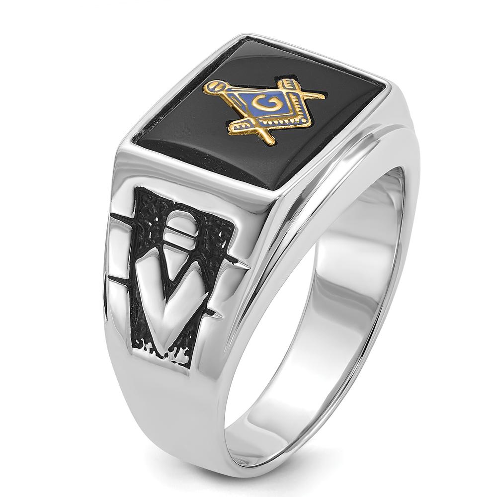 14K White Gold Men's Masonic Ring with Polished and Textured Black Enamel and Onyx - Cushion Cut, 12x10mm by IBGoodman