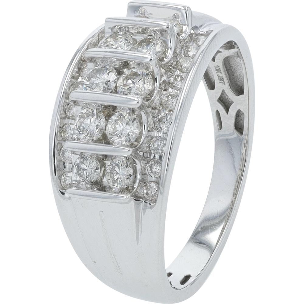 14K White Gold Men's Multi - Row 1 Carat Diamond Ring - Prong Set Round Diamonds