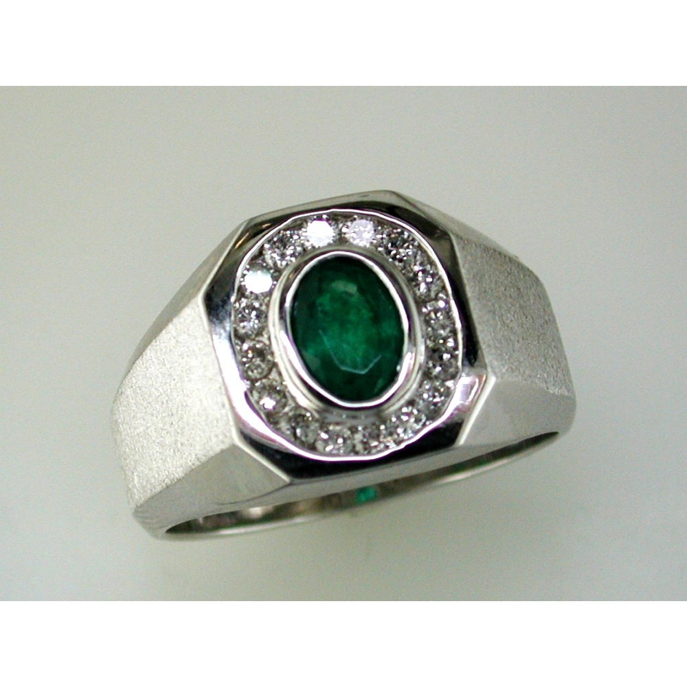 14K White Gold Men's Octagon Halo Ring with 0.75 Carat Oval Emerald and 0.42 Carat Round Diamonds - Royal Jewelry