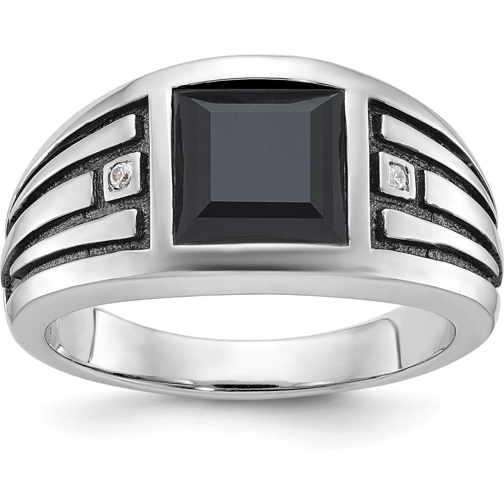 14K White Gold Men's Onyx and Diamond Ring with Black Rhodium Plating by IBGoodman