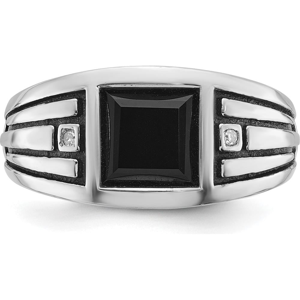 14K White Gold Men's Onyx and Diamond Ring with Black Rhodium Plating by IBGoodman
